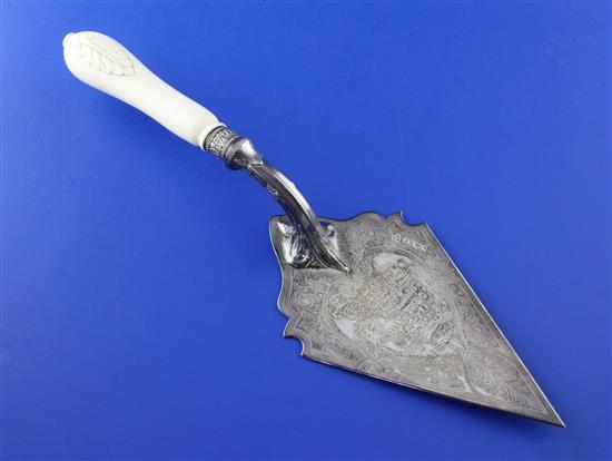 A Victorian ivory handled silver presentation trowel, 13.25in.